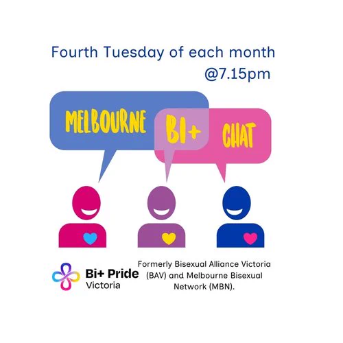 Shows 3 heads and words above Melbourne bi  chat backgrounded by bi  colours