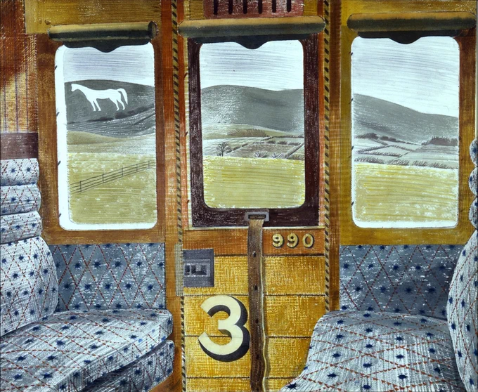 Watercolour of a train interior with hills through the windows