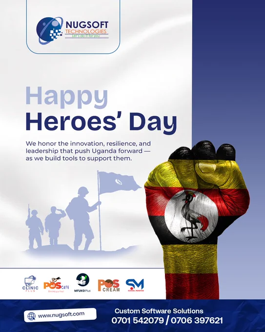 #HappyHeroesDay, Uganda! 🌟 

@NugsoftTechnologies salutes the spirit of innovation and resilience that moves our nation forward. 

To our esteemed clients, we extend our warmest wishes on this special day, acknowledging your own contributions to Uganda's progress.🤝 Thank you for your trust! 💻🚀
 
#UgandaHeroesDay #Nugsoft #NugsoftTech #HeroesDay  
