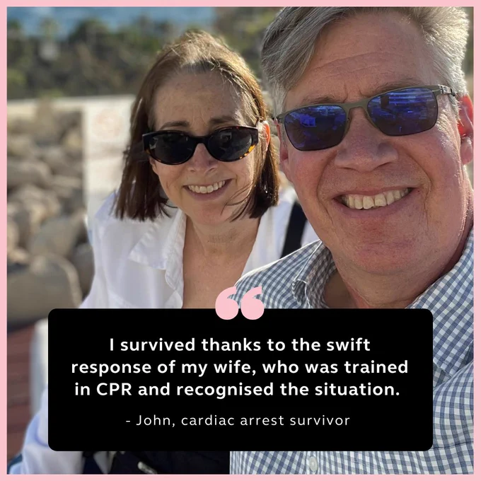 John and his wife Susan smiling for a selfie outdoors. A quote overlay reads, "I survived thanks to the swift response of my wife, who was trained in CPR and recognized the situation. - John, cardiac arrest survivor.
