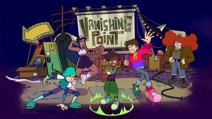 Four teens are shown in a junkyard, text displays Vanishing Point, the town where they live. A younger male teen called Splash wears a green bucket hat with green croc shoes and purple shorts. He is carrying a red, white and blue striped sword. Next to them is another female teen called Zefi who is wearing a dark hat and is wearing a lilac crop top and dark purple shorts and sports shoes. She is holding a large, coiled up rope. Next to them is a female teen called Ivy wearing green shorts and sports shoes with a purple and green top, pressing a glowing watch and standing in an illuminous green circle of flames. Next to her is a taller teen called Cole and he is wearing one green sports shoe and one pink roller skate, with jeans and a pink and purple hoodie. To the right of the teens is Bernie with bright red unruly hair with jeans, black ankle boots, a brown jacket and grey tshirt. They have various objects around them including boxes, a hosepipe, fish, light up large arrow and a sport