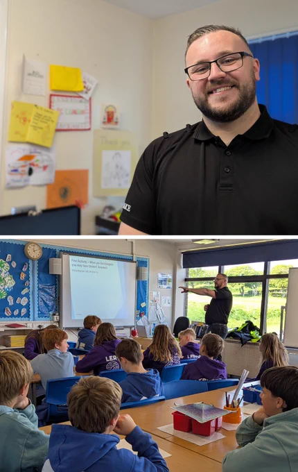 Two images, one showing PC Luke Cameron in his office in Eyemouth and one showing him delivering an input in a classroom