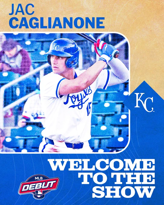 Top: "JAC CAGLIANONE"
Middle: Photo of Jac Caglianone batting in a white Royals uniform and blue helmet. Royals logo on a blue and gold background.
Bottom: MLB debut logo and "WELCOME TO THE SHOW"