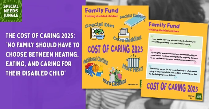 image shows two graphics from the post illustrating the additional costs of caring for a disabled child -and title: The Cost of Caring 2025: “No family should have to choose between heating, eating, and caring for their disabled child”