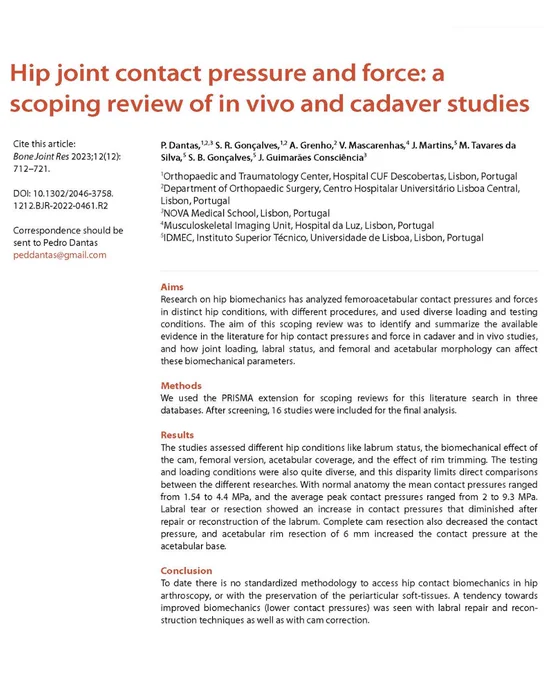 Bone & Joint Research. Abstract text for article titled 'Hip joint contact pressure and force: a scoping review of in vivo and cadaver studies'.