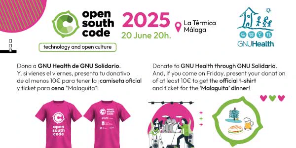 🫶 Dona a @gnuhealth @gnusolidario y transforma la salud pública & health 🌍 
Colabora con free science & medicina social en #OpenSouthCode25
👕T-shirt   dinner "malaguita" 🐟🍻  Gracias @CervezaVictoria & live music Picky Pressure 🎶
👉 https://www.eventbrite.es/e/opensouthcode-2025-donacion-a-gnuhealth-donate-to-gnuhealth-tickets-1383994598099