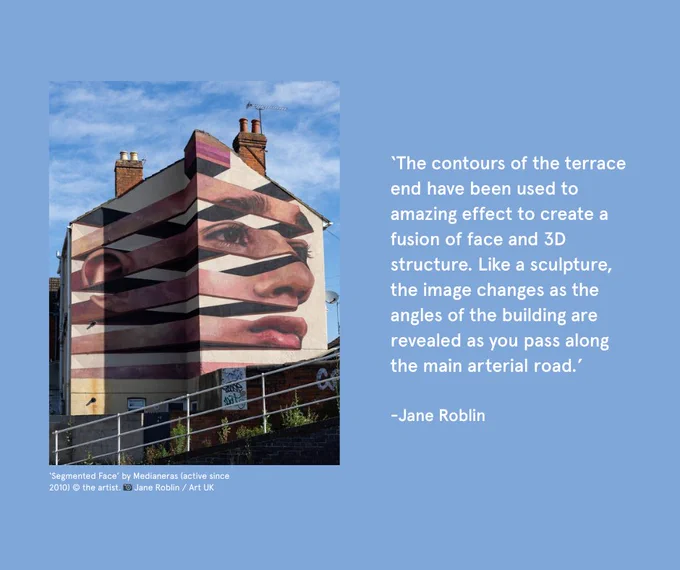 Mural with 3d face. Text reads: '‘The contours of the terrace end have been used to amazing effect to create a fusion of face and 3D structure. Like a sculpture, the image changes as the angles of the building are revealed as you pass along the main arterial road.’

-Jane Roblin'