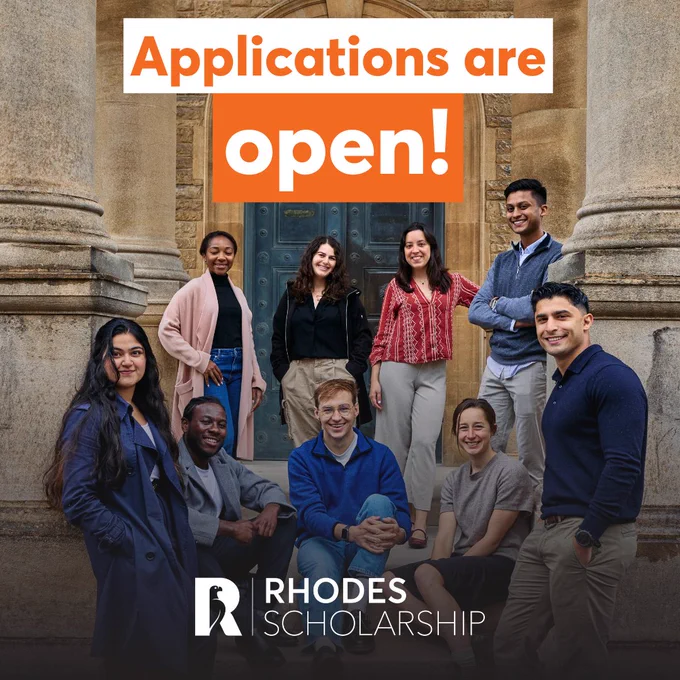 A large, diverse group of Rhodes Scholars in front of Rhodes House. Bold text reads “Applications are open!” above the Rhodes Scholarship logo.