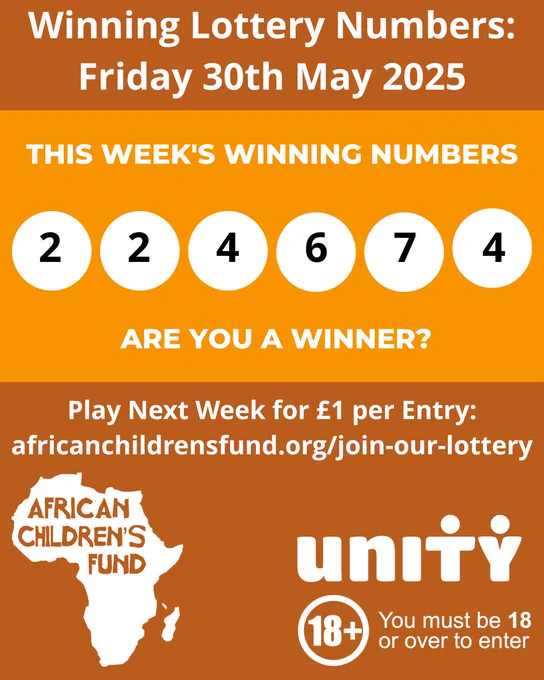 ​Graphic confirming last week's Unity Lottery winning numbers, featuring African Children's Fund and Unity logos. Text reads "Winning Lottery Numbers: Friday 30th May 2025. This week's winning numbers: 2 2 4 6 7 4. Are you a winner? Play next week for £1 per entry. You must be 18 or over to enter."
