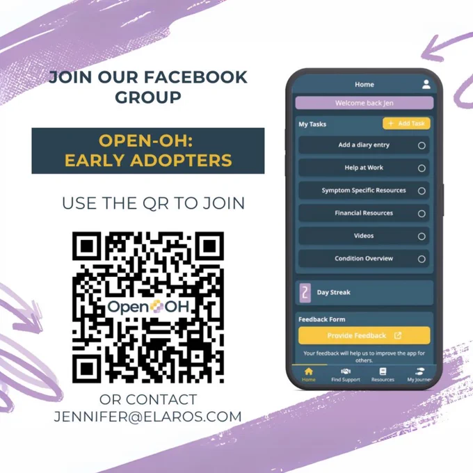 IMAGE DESCRIPTION: Photo of a phone open on the Open-OH App showing a list of tasks. QR Code - centre left. Wording - Join our Facebook Group. Open-OH Early Adopters. Use QR code to join or contact jennifer@elaros.com