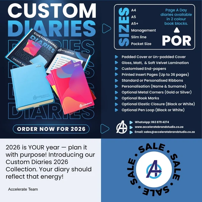 📔✨ Ready to OWN 2026 in style?
From boardrooms to classrooms, your year deserves a diary as bold as your goals! 💼💡

Introducing our Custom Diaries 2026 Collection – tailored just for YOU.
Choose from a variety of sizes including A4, A5, Slim Line & Pocket Size — with stunning options like:
✔️ Gloss, Matt, or Velvet finishes
✔️ Printed Inserts & Custom Endpapers
✔️ Name Personalization
✔️ Soft-touch padded covers
✔️ Metal corners, ribbons, pen loops & more!

🌈 Two-colour book blocks now available for Page-a-Day formats.
Bulk-ready. Boss-worthy. Built to impress. 😍

📦 Ideal for corporate gifts, team branding, or your personal 2026 planning glow-up.

👉 Don’t wait — Pre-order now for 2026 and let your planning game speak volumes.

🔗 Shop or request a quote via
🌐 acceleratebrandstudio.co.za
📲 WhatsApp: 063 879 4274
📧 sales@acceleratebrandstudio.co.za

