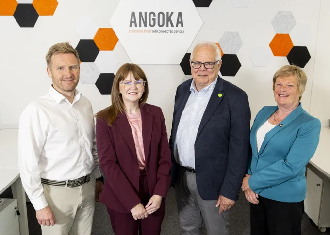 Pictured are (L-R) Sam Turner, CEO of AMIC, Economy Minister Dr Caoimhe Archibald, Steve Berry, ANGOKA Chairman and Dr Vicky Kell, Director of Innovation, Research and Development at Invest NI.