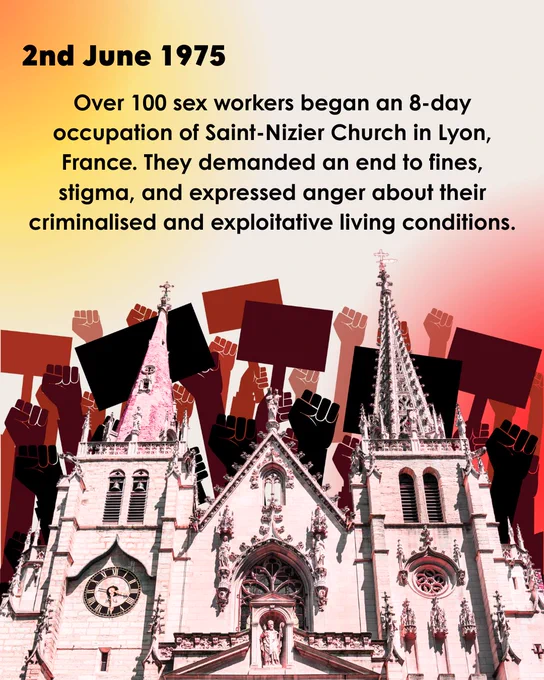 Graphic of Saint-Nizier Church and protest signs and arms in the air. Text reads: "2nd June 1975. Over 100 sex workers began an 8-day occupation of Saint-Nizier Church in Lyon, France. They demanded an end to fines, stigma, and expressed anger about their criminalised and exploitative living conditions."