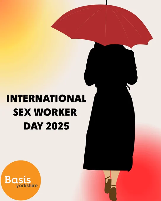 Graphic of figure with red umbrella. Basis Yorkshire logo. Text reads: "International Sex Worker Day 2025"