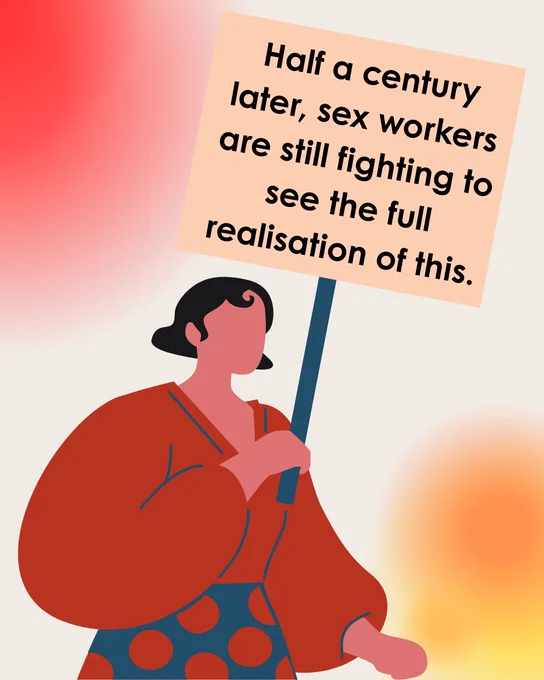 Graphic of femme person holding a sign saying "Half a century later, sex workers are still fighting to see the full realisation of this."