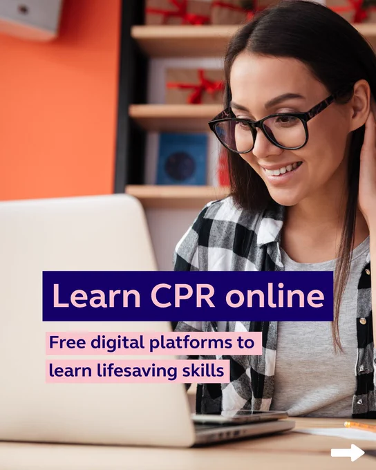Person smiling while looking at a laptop screen, featuring text 'Learn CPR online - Free digital platforms to learn lifesaving skills'.