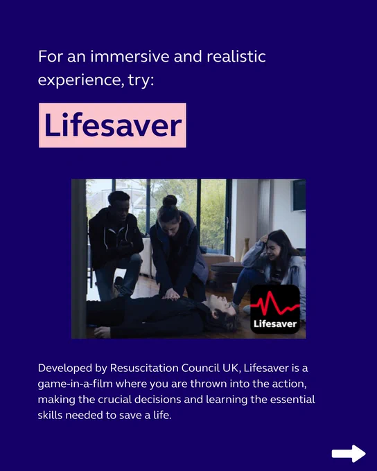 Dark blue background with a static image from RCUK's online CPR training course, Lifesaver. Text suggests to try this if you like an immersive and realistic experience, as it throws you into action-packed scenarios.
