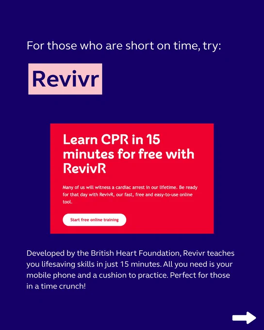 This slide recommends the "Revivr" CPR training app developed by the British Heart Foundation. The text mentions it is good for time poor people, as you can learn CPR in just 15 minutes.
