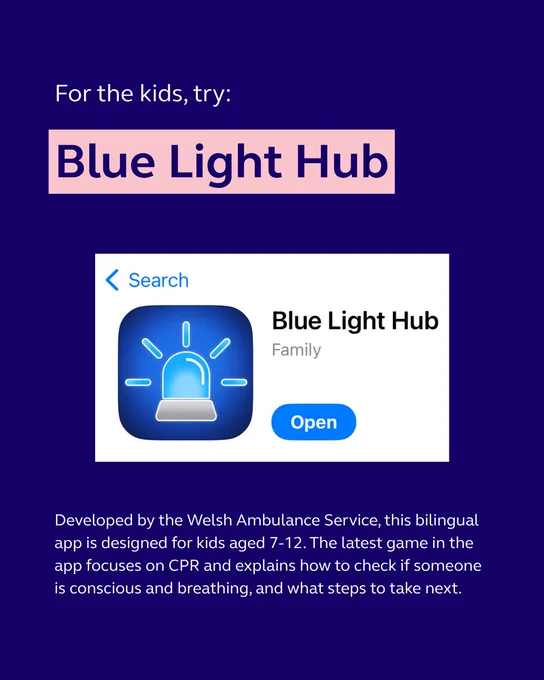 This slide recommends the Blue Light Hub app for kids, developed by the Welsh Ambulance Service. This app is targeted to 7-12 year olds and teaches CPR skills.