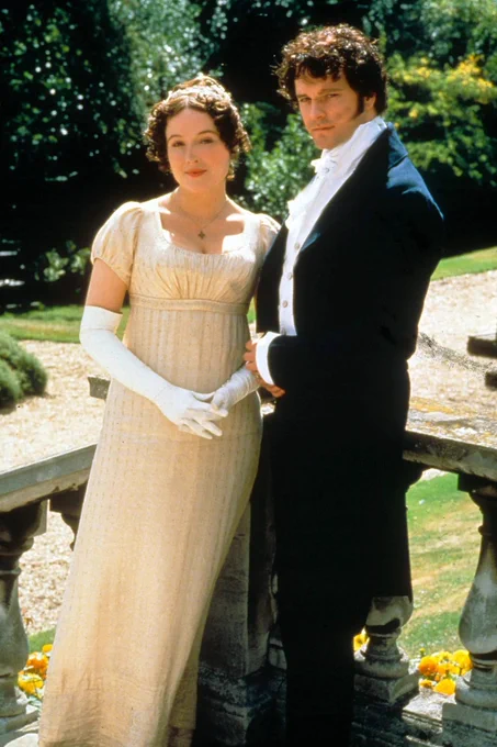 A photo from Pride and Prejudice (1995 BBC adaptation) - of Jennifer Ehle (Elizabeth Bennet) and Colin Firth (Mr. Darcy).