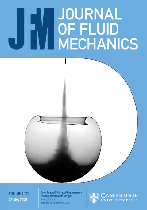 Cover of the Journal of Fluid Mechanics, Volume 1011, published on May 25, 2025, by Cambridge University Press. The cover features a monochromatic image of a needle dripping a liquid into a soft gel, illustrating a research topic on modeling framework for jet impact in soft gels.