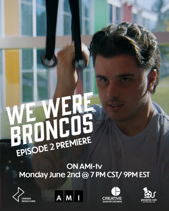 A documentary series poster shows a young man doing an arm exercise with a pulley as the words 'We Were Broncos Episode 2 Premiere' highlight the upcoming release of a new episode. 