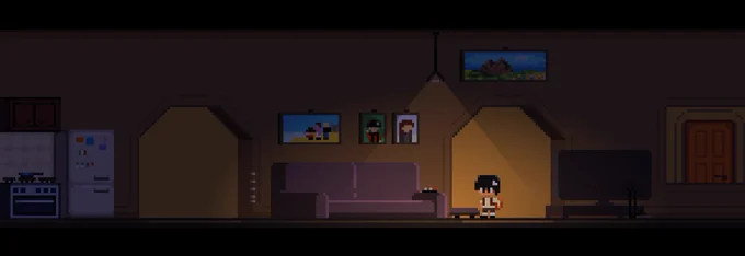 After. Pixel art of a living room, lighting is colder.