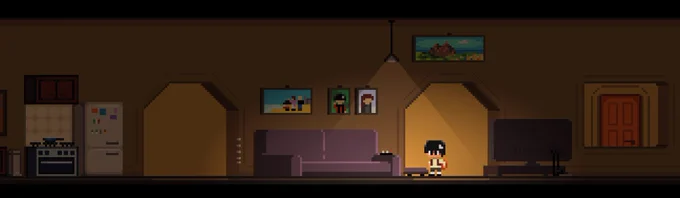 Before. Pixel art of a living room, lighting is warmer.