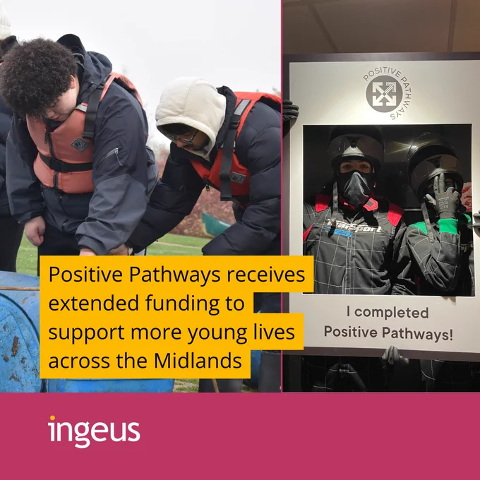 An image split into two scenes. On the left, two individuals wearing life jackets are participating in an outdoor activity involving a blue barrel. On the right, two individuals in racing suits and helmets pose behind a frame that says 'I completed Positive Pathways.' The text on the image reads: 'Positive Pathways receives extended funding to support more young lives across the Midlands.' At the bottom, the 'ingeus' logo is displayed.