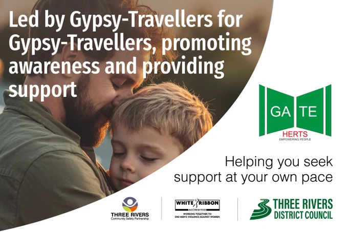 Image of a man and boy with the text 'Led by Gypsy-Travellers for Gypsy-Travellers, promoting awareness and providing support'