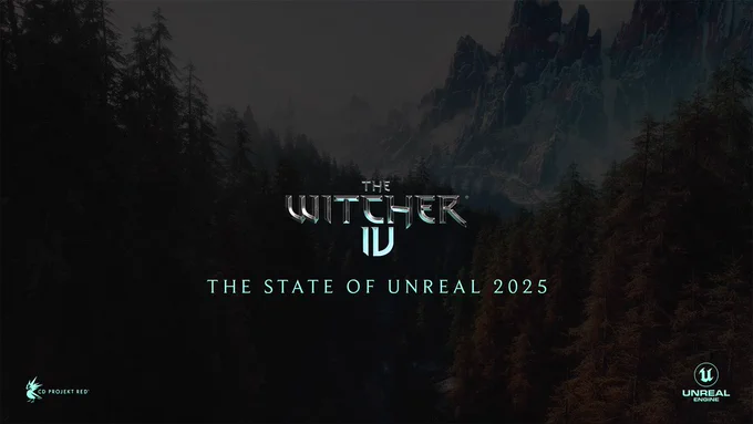 Promotional graphic in dark muted shades showing a towering mountain peak and dense forest. Text on top reads, “The Witcher 4: The State of Unreal 2025.” The logos for CD Projekt Red and Unreal Engine are shown in a bright blue.