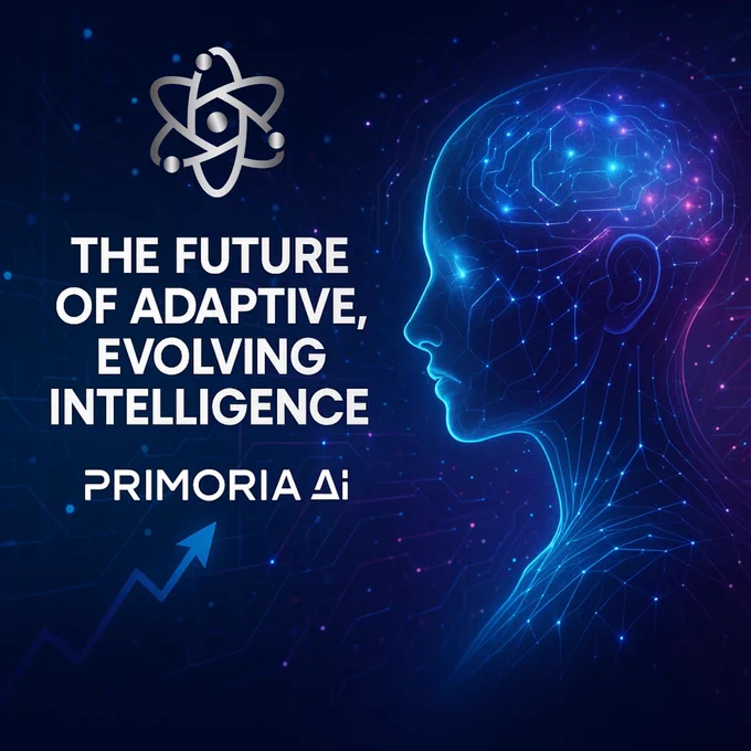 Primoria AI branding graphic showcasing adaptive, evolving artificial intelligence with a glowing neural head, futuristic digital brain, and rising growth arrow—highlighting next-generation multimodal AI and intelligent automation.