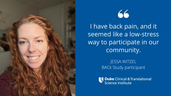 A photo of BACk study participant Jessa Witzel with her quote, "I have back pain, and it seemed like a low-stress way to participate in our community." 