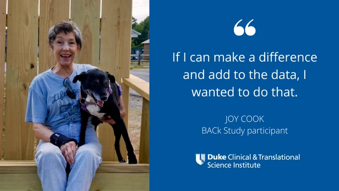 A photo of Joy Cook and her dog with her quote, "If I can make a difference and add to the data, I wanted to do that."