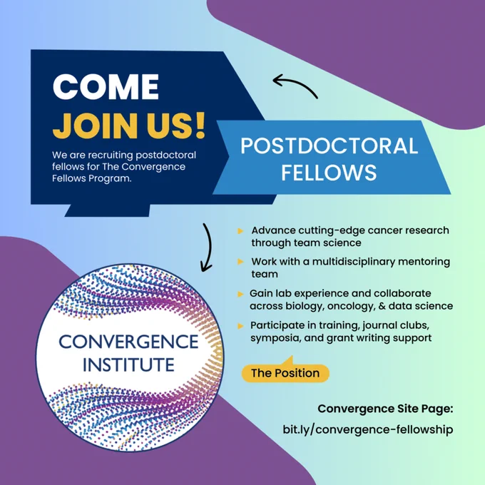 Convergence Institute Convergence Fellows advertisement graphic. The text reads:

"POSTDOCTORAL FELLOWS, Come join us! We are recruiting postdoctoral fellows for The Convergence Fellows Program.

The Position:
- Advance cutting-edge cancer research through team science
- Work with a multidisciplinary mentoring team
- Gain lab experience and collaborate across biology, oncology, & data science
- Participate in training, journal clubs, symposia, and grant writing support

Convergence Site Page: bit.ly/convergence-fellowship