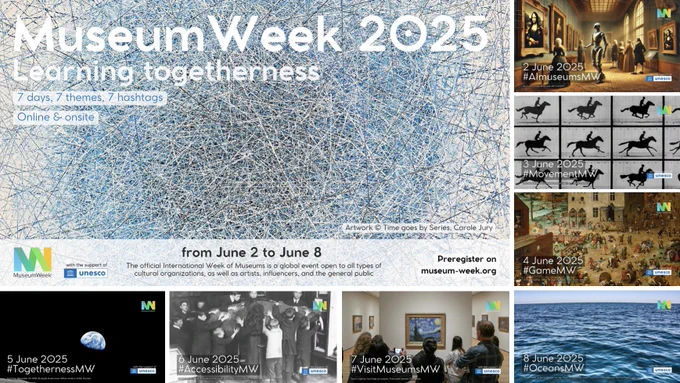 Photo of graphics for Museum Week 2005, including images for each of the 7 daily hashtags.