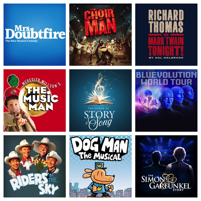 Images of the performances coming to OPAS Season 53 at Texas A&M University 
Mrs. Doubtfire
The Choir of Man
Richard Thomas in Mark Twain Tonight!
Meredith Willson's The Music Man
Blue Man Group Bluevolution World Tour
Riders in the Sky
The Simon & Garfunkel Story
