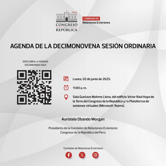 🗓 Este 02 de junio, la Comisión de Relaciones Exteriores del @congresoperu llevará a cabo su 19.ª sesión ordinaria.

📌 Más detalles aquí: https://bit.ly/3Hw6wwK