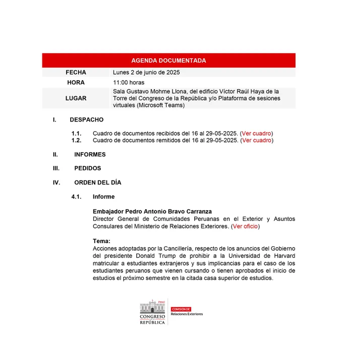 🗓 Este 02 de junio, la Comisión de Relaciones Exteriores del @congresoperu llevará a cabo su 19.ª sesión ordinaria.

📌 Más detalles aquí: https://bit.ly/3Hw6wwK