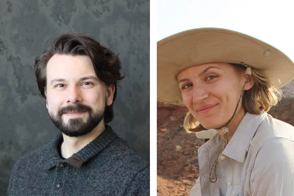Composite photograph of a man with dark hair and a beard photographed against a gray background and a photo of a woman with a wide rimmed tan hat smiling and pictured in a desert environment