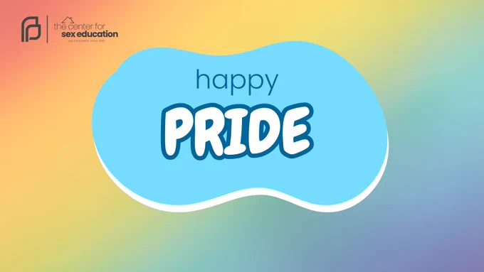 Image has a rainbow background. In the center it says "happy pride"