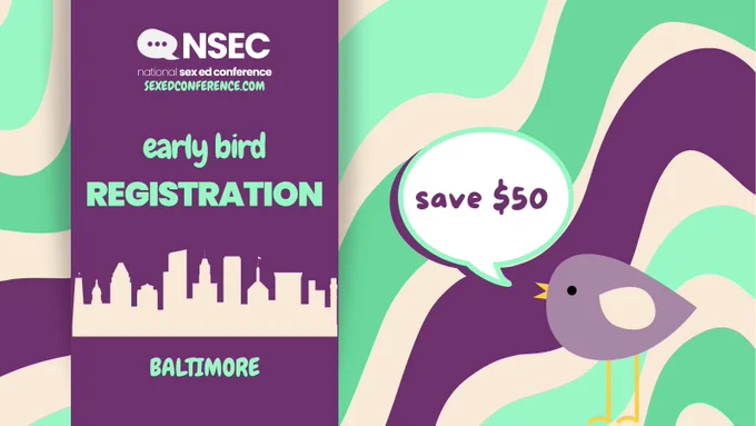 Image features a wavy multi-colored background. On the left side of the image is the text "Early Bird Registration. Baltimore." Next to the text is an image of a bird with a call out bubble. In the bubble is the text "$50."