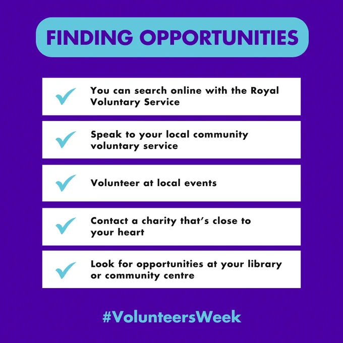 Infographic titled 'Finding Opportunities' listing ways to volunteer, including searching online with the Royal Voluntary Service, speaking to your local community voluntary service volunteering, volunteering at local events, contacting a close-to-heart charity, and looking for opportunities at your library or community centre. #VolunteersWeek.