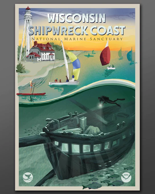 Front of the Wisconsin Shipwreck Coast National Marine Sanctuary poster, featuring digital illustrations of a sunset, a lighthouse, a shipwreck, and people paddling, sailing, and diving in the sanctuary.

Illustration by Kathryn Robertson & Tonya Humiston/NOAA