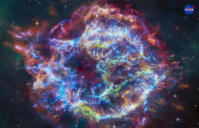 A circular-shaped nebula with a complex structure. On the circle’s exterior, particularly on the left side of the image, are curtains of material glowing orange like fire. Interior to this outer shell is a ring of mottled filaments in bright pink, studded with clumps and knots. A greenish loop extends from the upper right of the ring into the central cavity. Translucent wisps of blue, green, and red appear throughout the image.