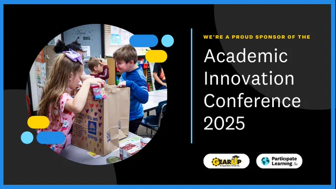 Promotional image for the Academic Innovation Conference 2025, featuring children engaged in classroom activities and logos of sponsors Gear Up and Participate Learning.