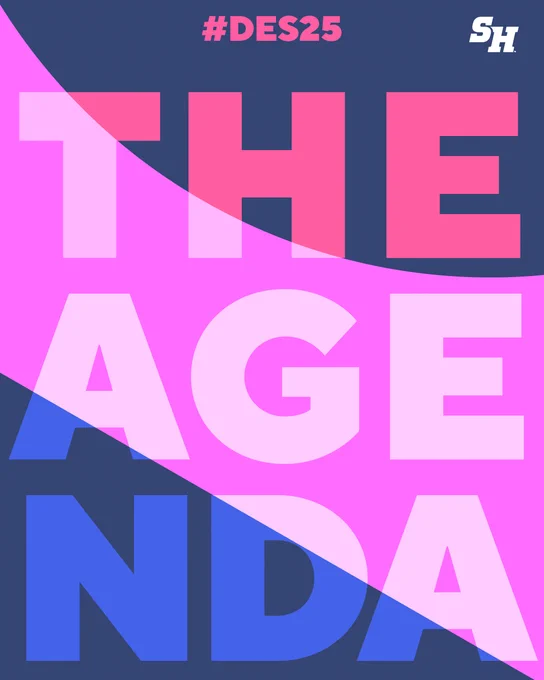 Promotional poster with bold typography reading 'THE AGE NDA' in large letters, with a color gradient background transitioning from pink to blue. The hashtag '#DES25' and the initials 'SH' are also included in the design.