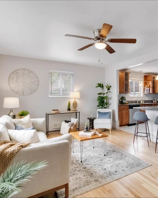 Interior of a modern living room connected to a kitchen, featuring a sofa, coffee table, ceiling fan, and decorative plants. Natural light streams in through windows with sheer curtains.