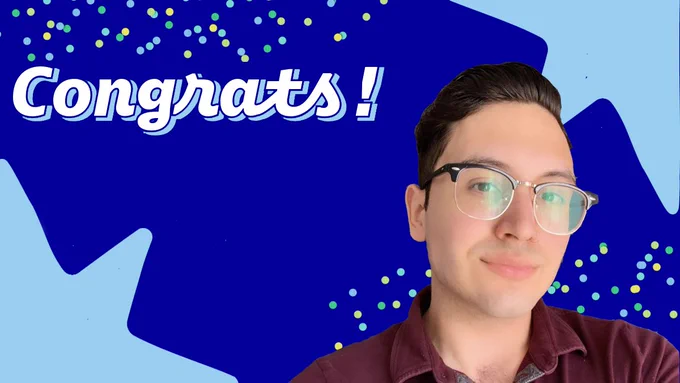 Isaac Felix looking at camera with a slight smile and decorative background that has a few polka dots and the word congrats along the top and stars in the top right and bottom left corners