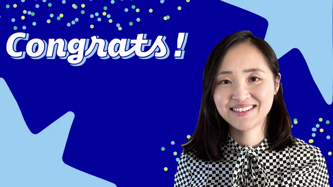 Xueqin Lin smiling at camera with a decorative background that has a few polka dots and the word congrats along the top and stars in the top right and bottom left corners 